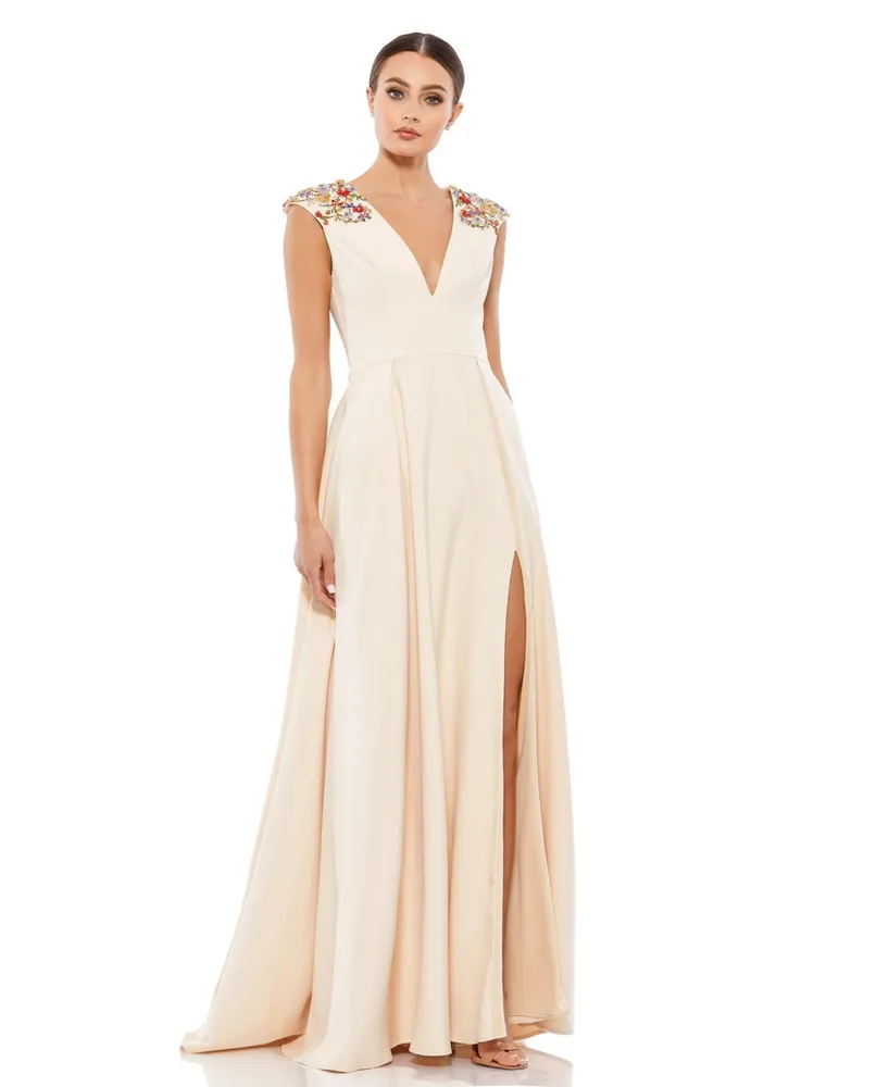 Women's Ieena Beaded Cap Sleeve V Neck A Line Gown