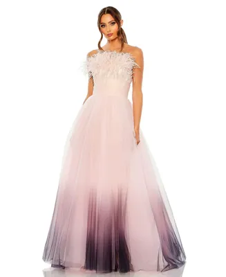 Women's Strapless Feather Hem Tulle Gown