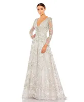 Women's Embellished Wrap Over Illusion Long Sleeve A Line Gown