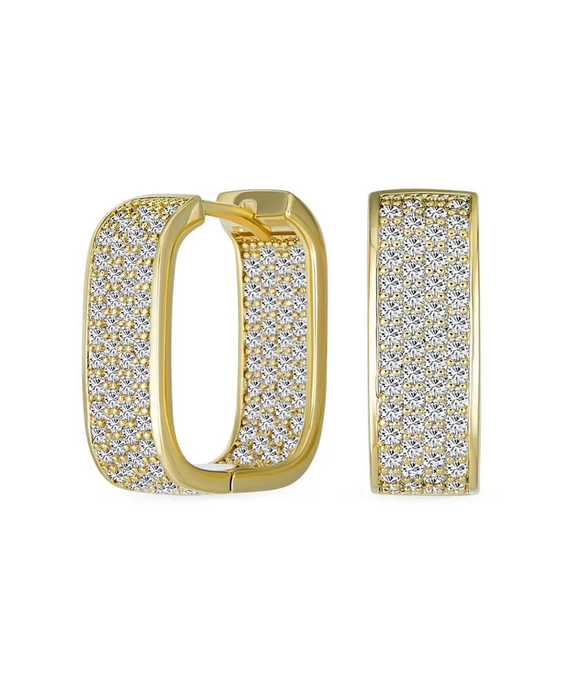 Bling Jewelry Micro Pave Cz Inside Out Wide Rectangle Square Huggie Hoop Earrings For Women Prom Formal Party Yellow Gold Plated Hinge Style