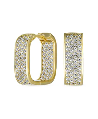 Bridal Micro Pave Cz Inside Out Wide Rectangle Square Huggie Hoop Earrings For Women Wedding Prom Formal Party Yellow Gold Plated Hinge Style