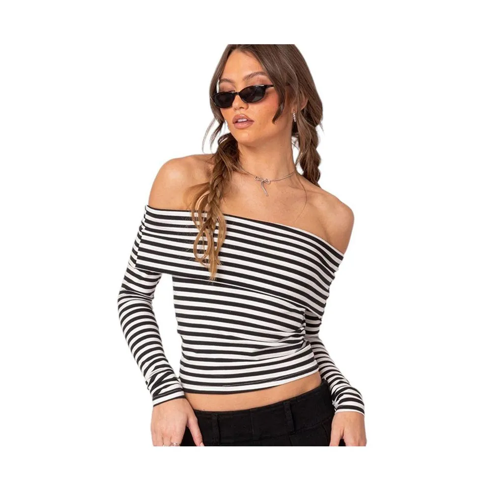 Women's Striped fold over top - Black-and