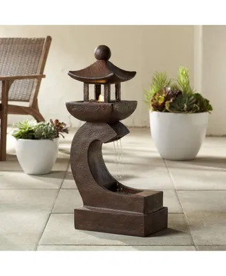 Garden Pagoda Japanese Asian Style Outdoor Floor Fountain with Light Led 31" High Faux Rust Stone for Patio Backyard Deck Home Lawn Porch House Relaxa