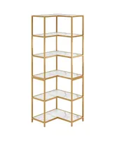 Tribe signs 6-Shelf Corner Bookshelf, 70.9" Tall L-Shaped Corner Bookcase with Metal Frame for Living Room Office, White Gold