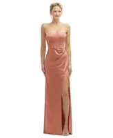 Strapless Topstitched Corset Satin Maxi Dress with Draped Column Skirt