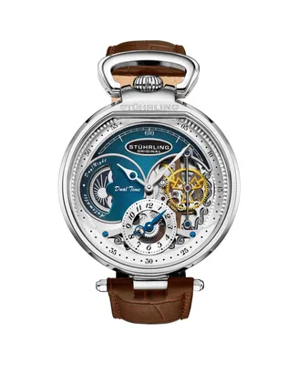 Stuhrling Men's Automatic Dual Time Alloy Case Skeleton Dial Alligator Embossed Genuine Leather Strap Watch