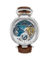 Stuhrling Men's Automatic Dual Time Alloy Case Skeleton Dial Alligator Embossed Genuine Leather Strap Watch