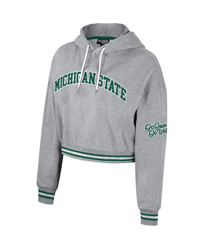 Women's The Wild Collective Heather Gray Distressed Michigan State Spartans Cropped Shimmer Pullover Hoodie