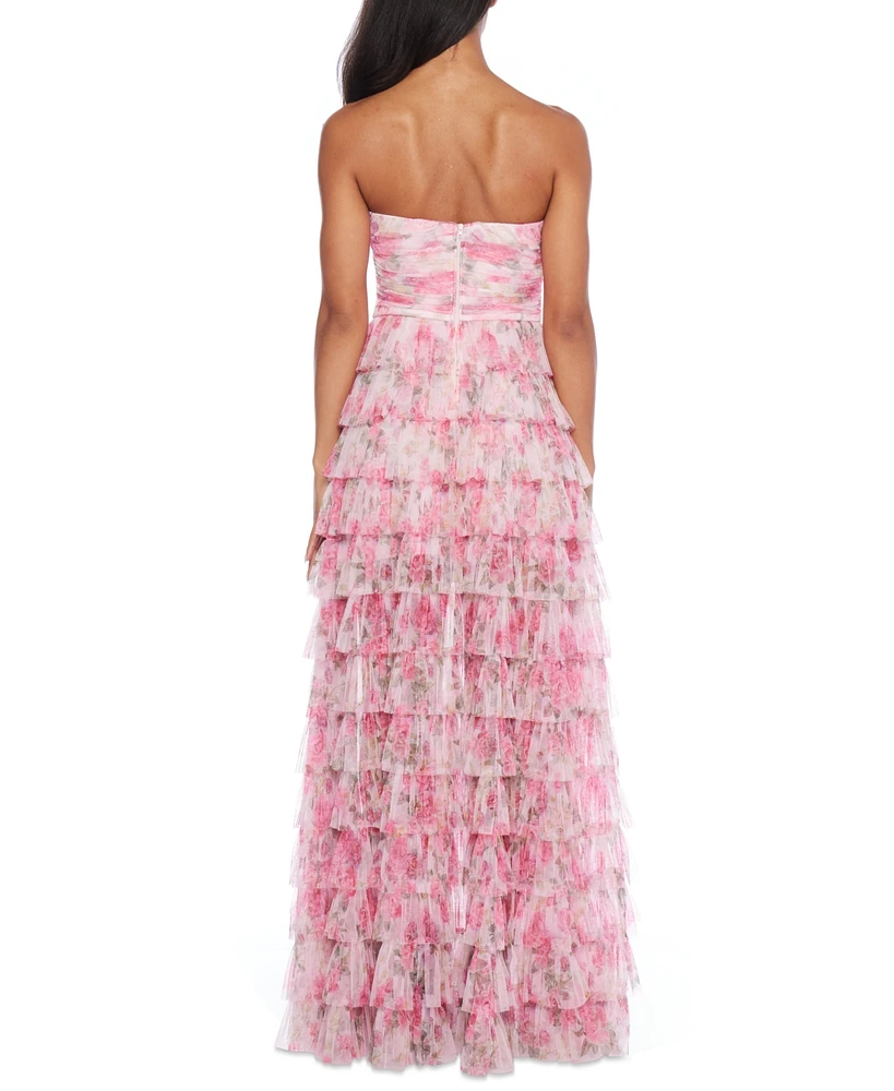B Darlin Juniors' Floral Print Ruffled Strapless Gown