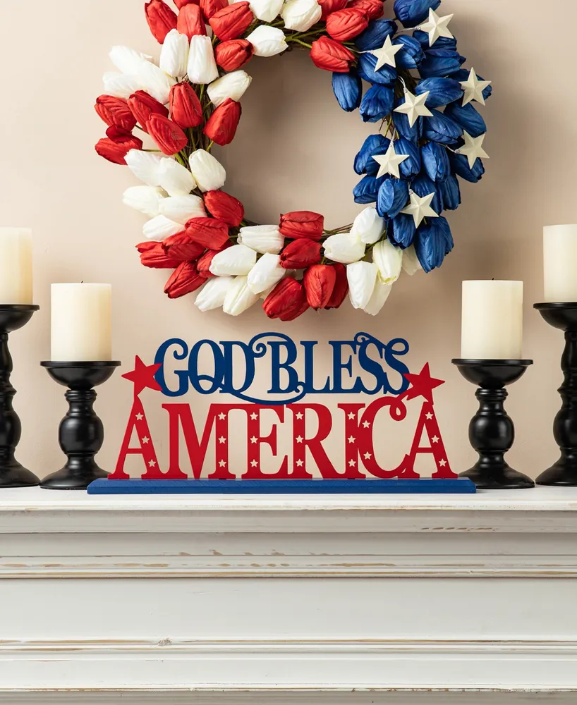 Glitzhome 18" L Wood Metal "God Bless America" Table Decor