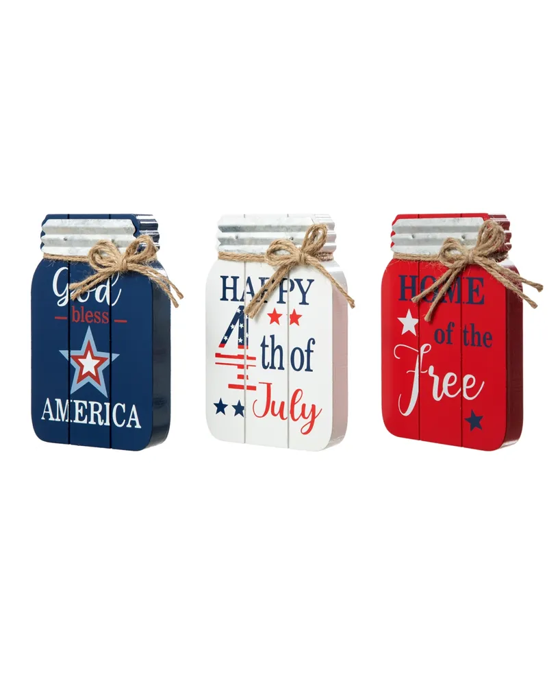 Glitzhome 7" H Set of 3 Patriotic, Americana Wooden Mason Jar Table Decor