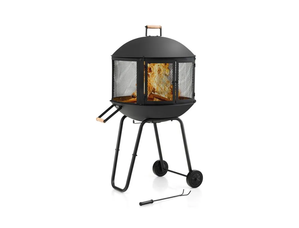 28 Inch Portable Fire Pit on Wheels with Log Grate-Black