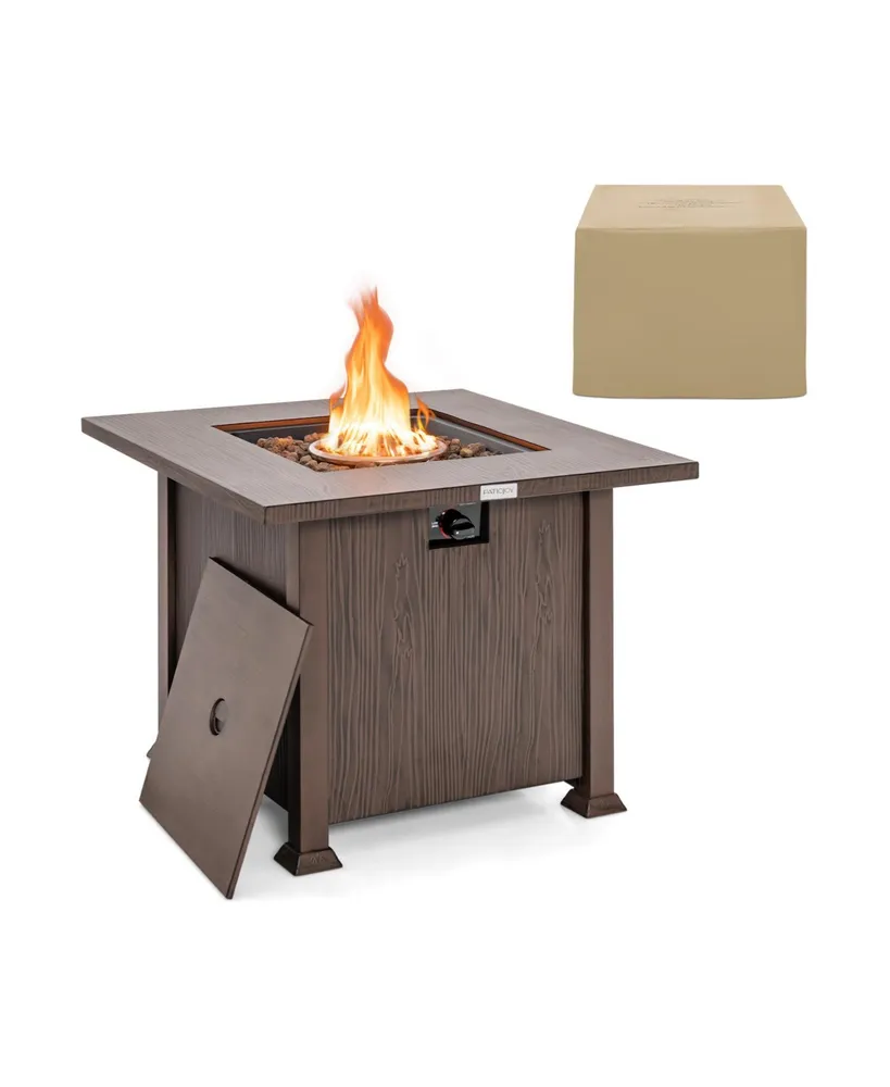 32 Inch 50 000 Btu Square Fire Pit Table with Lid and Lava Rocks-Brown