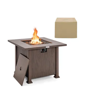 32 Inch 50 000 Btu Square Fire Pit Table with Lid and Lava Rocks-Brown
