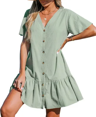Cupshe Women's Button-Up V-Neck Flounce Cover Up Dress
