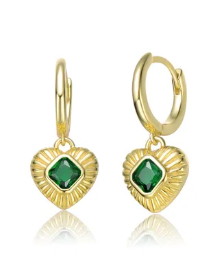 GiGiGirl Teens Sterling Silver 14k Gold Plated with Emerald Cubic Zirconias Dangle Heart Huggie Hoop Earrings