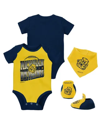 Infant Boys and Girls Mitchell & Ness Navy, Maize Michigan Wolverines 3-Pack Bodysuit, Bib and Bootie Set