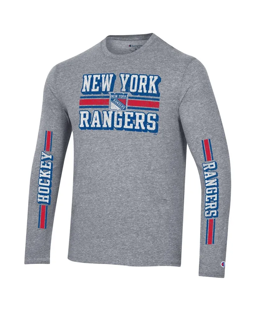 Men's Champion Heather Gray Distressed New York Rangers Tri-Blend Dual-Stripe Long Sleeve T-shirt