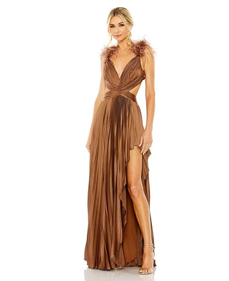 Mac Duggal Women's Ieena Pleated Feather Cap Sleeve Open Back Gown