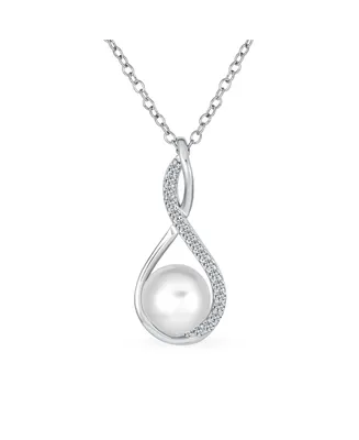 Bling Jewelry Elegant Bridal Forever Knot Twist Infinity Teardrop Cultured Freshwater White Pearl Necklace Pendant Cz Pave Sterling Silver 16