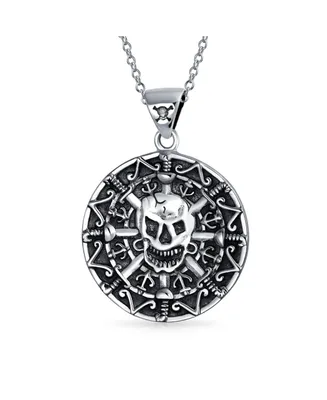 Round Coin Heavy Large Medallion Caribbean Aztec Pirates Skull Pendant Necklace For Men Oxidized .925 Sterling Silver