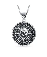 Bling Jewelry Round Coin Heavy Large Medallion Caribbean Aztec Pirates Skull Pendant Necklace Oxidized Sterling Silver