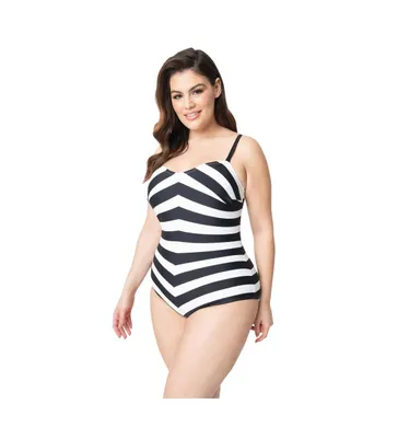 Unique Vintage Plus Barbie Black & White Chevron Stripe One Piece Bathing Suit