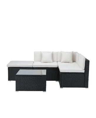 Mondawe 5-Piece Outdoor Patio L-Shaped Sectional Sofa Set with Black Rattan Wicker & Beige Cushion