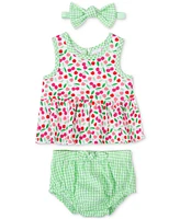 Baby Essentials Girls Cherry-Print Top, Bloomer and Headband, 3 Piece Set