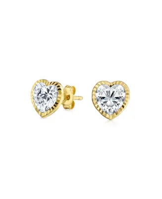 Tiny Real 14K Yellow Gold Heart Cubic Zirconia Textured Cz Bezel Set Stud Earrings For Women For Girlfriend