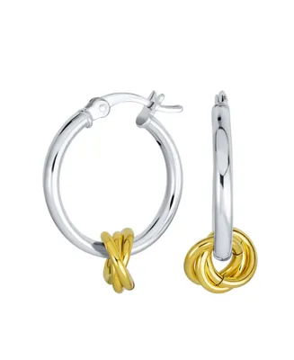 Twisted Side Charm Round Tube Thin Two Tone Love Knot Hoop Earrings For Women Teen Gold Plated .925 Sterling Silver 1 Inch Diameter