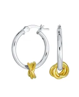 Twisted Side Charm Round Tube Thin Two Tone Love Knot Hoop Earrings For Women Teen Gold Plated .925 Sterling Silver 1 Inch Diameter