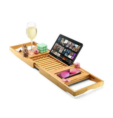 Wooden Bamboo Bathtub Tray Caddy - Foldable Waterproof Bath Tray & Bath Caddy