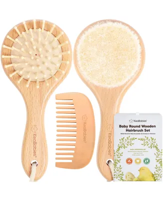 KeaBabies Baby Hair Brush and Comb Set, Round Wooden Baby Brush Set for Newborns, Infant, Toddler Grooming Kit