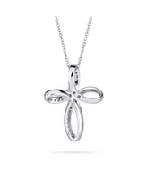 Ribbon Twist Open Religious Infinity Cross Pendant Necklace For Women Teens Pave Cz Cubic Zirconia .925 Sterling Silver 1.25 Inch