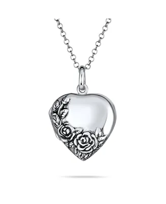 Bling Jewelry Personalized Engrave Carved Floral Flower Rose Photo Heart Shape Lockets Necklace Pendant That Hold Pictures Oxidized Sterling Silver Cu