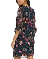 Calvin Klein Women's Printed Chiffon Bell-Sleeve Dress