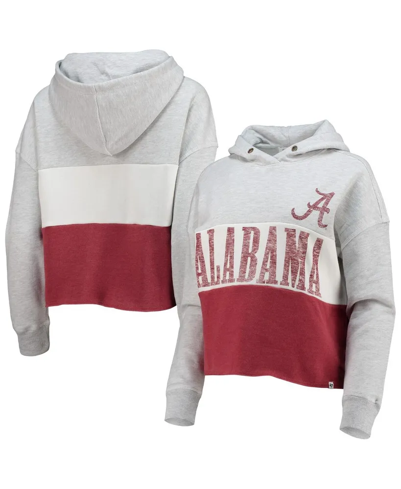 Women's '47 Brand Heathered Gray, Crimson Distressed Alabama Tide Lizzy Colorblocked Cropped Pullover Hoodie