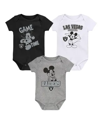 Baby Boys and Girls Black, White, Gray Las Vegas Raiders Three-Piece Disney Game Time Bodysuit Set