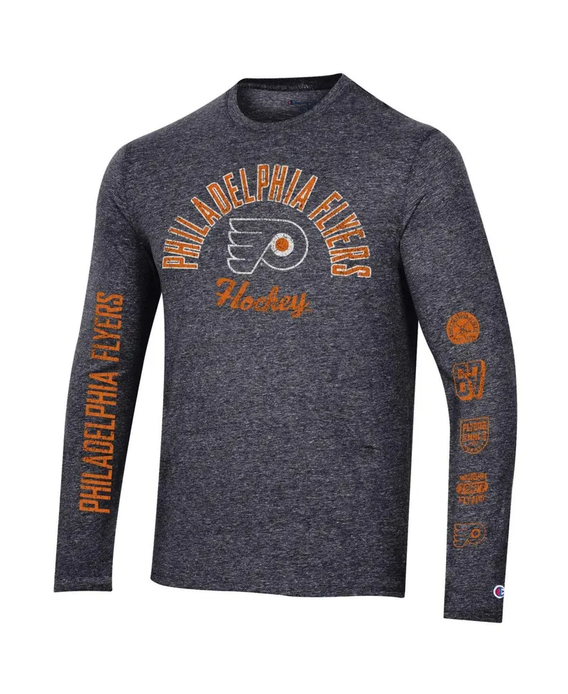 Men's Champion Heather Black Distressed Philadelphia Flyers Multi-Logo Tri-Blend Long Sleeve T-shirt