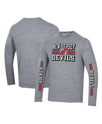 Men's Champion Heather Gray Distressed New Jersey Devils Tri-Blend Dual-Stripe Long Sleeve T-shirt