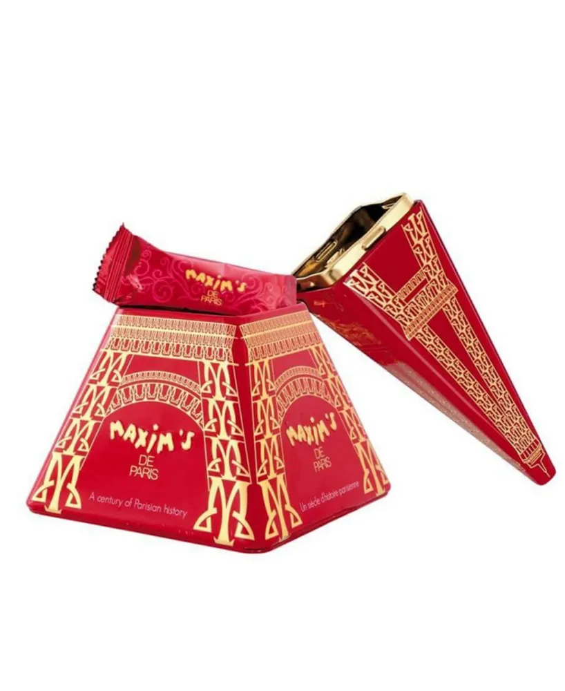 Maxim's De Paris Eiffel Tower Tin Box Filled with Milk Chocolate Covered Crispy Crepes, 14 Pieces