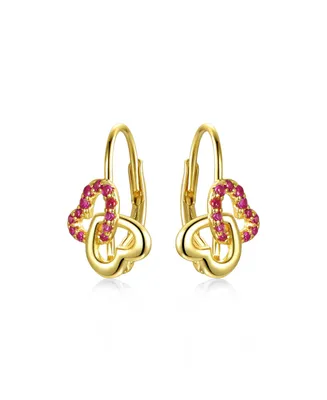 Genevive Radiant Double Heart Halo Drop Leverback Earrings for Kids/Teens in Sterling Silver with 14k Yellow Gold Plating and Ruby Accents