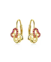 Genevive Radiant Double Heart Halo Drop Leverback Earrings for Kids/Teens in Sterling Silver with 14k Yellow Gold Plating and Ruby Accents