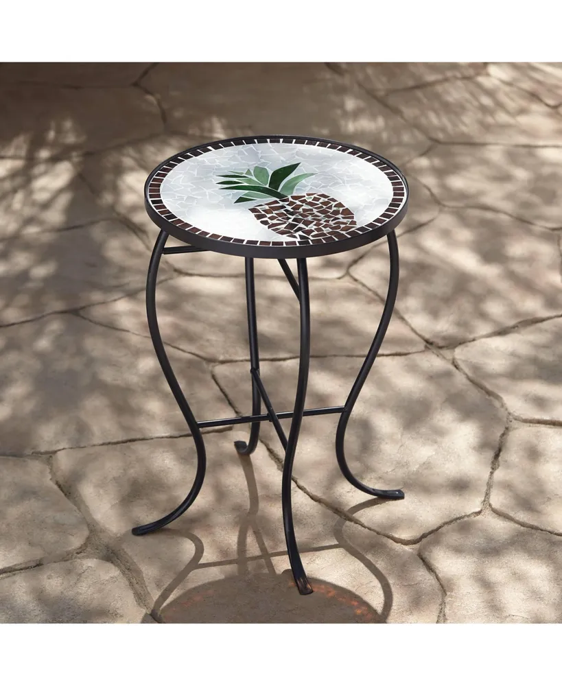 Beige Pineapple Modern Black Metal Round Outdoor Accent Side Table 14" Wide Black Glass Mosaic Tabletop Gracefully Curved Legs for Front Porch Patio H