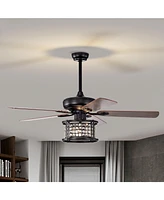 52 Inch 3-Speed Crystal Ceiling Fan Light with Remote Control-Black