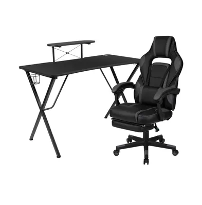 Emma+Oliver Gaming Bundle-Cup/Headphone Desk & Reclining Footrest Chair