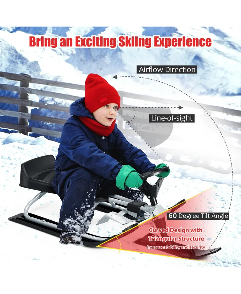 Kids Snow Racer Sled Steering Wheel Double Brakes Pull Rope