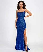 Crystal Doll Juniors' Sequin Draped-Neck High-Slit Gown