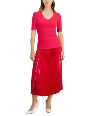 Anne Klein Womens Solid Half Sleeve V Neck Knit Top Pleated Pull On Midi Skirt